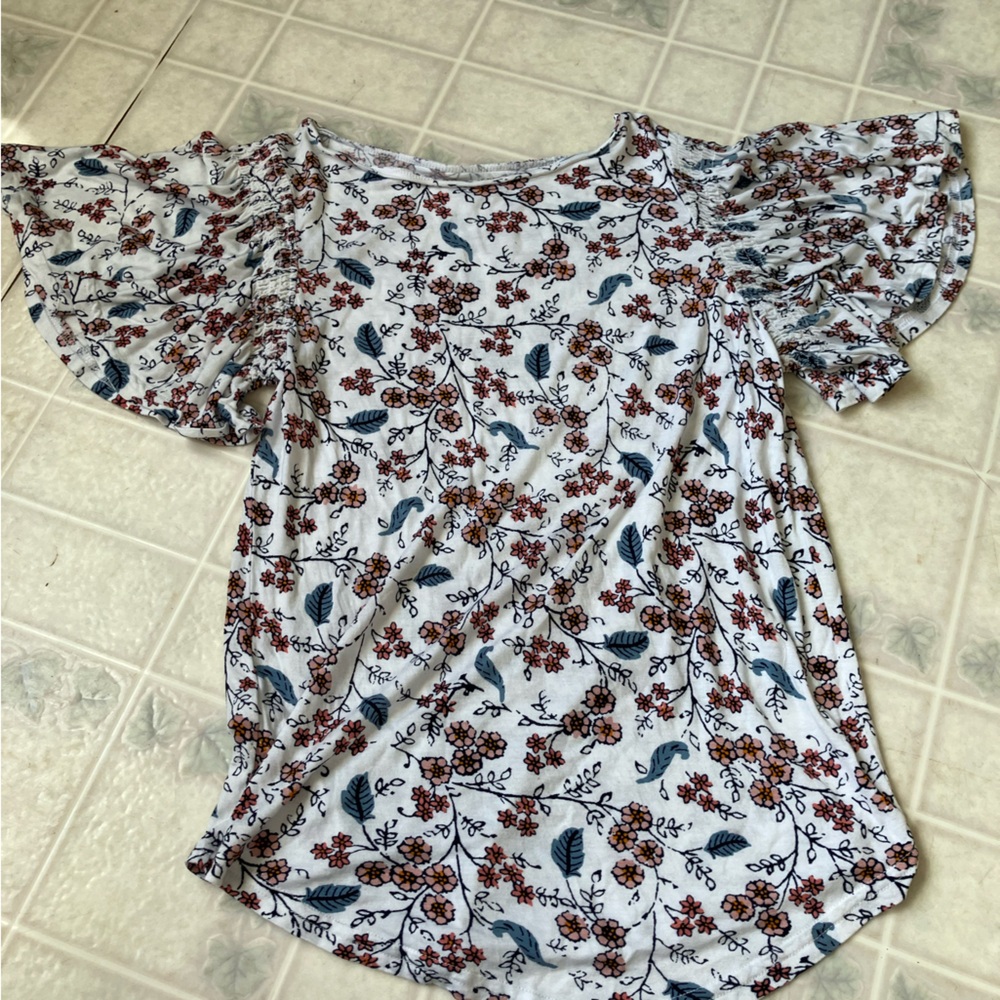 Loft pink blue floral ruffle sleeve botanical print tee